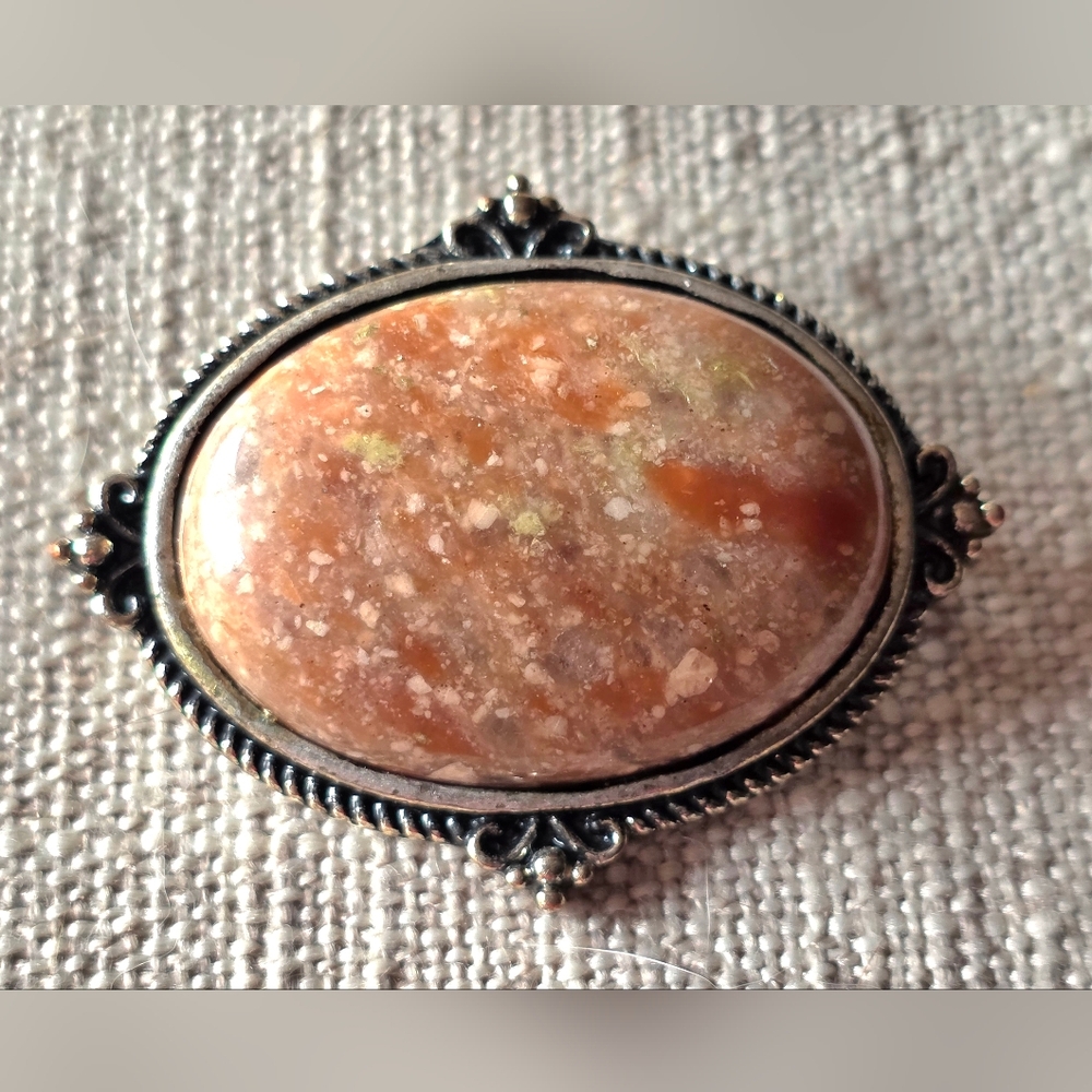 Vintage Oval Stone Pendant in Silver Setting.  Maybe Sunstone